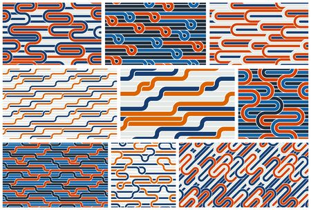 Linear seamless backgrounds with twisted lines, vector abstract geometric patterns set, stripy...