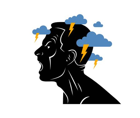Anger, aggression and psychosis mental health and high anxiety vector conceptual illustration or logo visualized by man face profile and dark clouds over his head.のイラスト素材