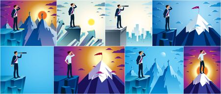 Businessman looking for opportunities in spyglass standing on top peak of mountain business concept vector illustrations set, successful young handsome business man searches new perspectives.のイラスト素材