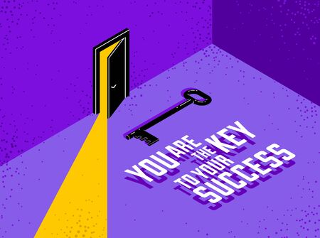 The key to success vector conceptual illustration with half open door giving light to dark place and key, new opportunities, secret mysterious door.のイラスト素材