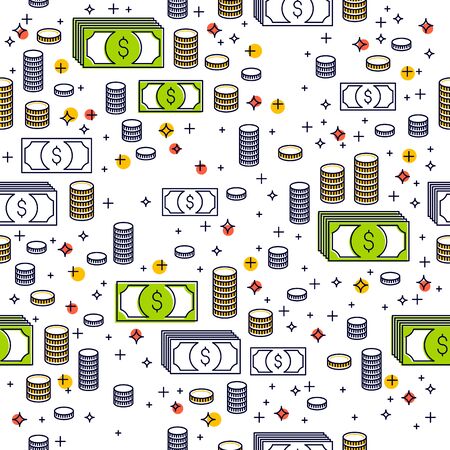 Financial icon set seamless background, dollar currency money signs, backdrop for financial website or economical theme ads and information, vector wallpaper or web site background.のイラスト素材