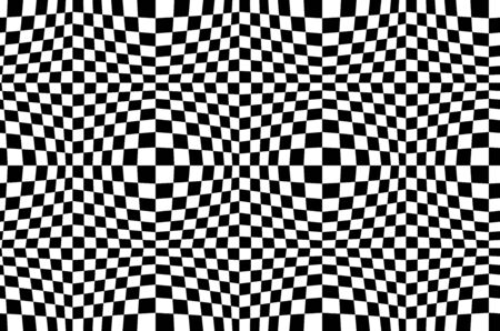 Optical illusion checkered vector abstract seamless background, black and white pattern, chess board...