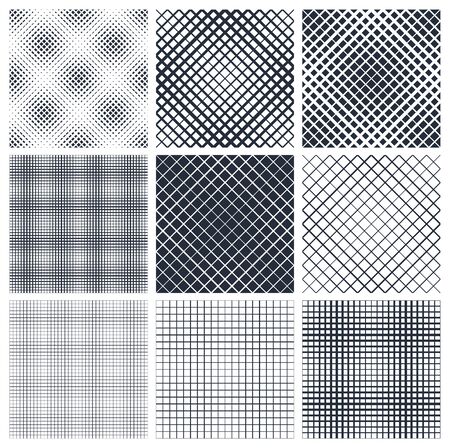 Geometric seamless patterns set, abstract minimalistic and simple lined with crossed lines backgrounds, wallpapers for web design and print. Black and white swatches.のイラスト素材