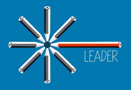 Pencils round pointing into center together with one bigger leader showing allegory of teamwork vector illustration, brainstorming solidarity and unity team of employees.のイラスト素材