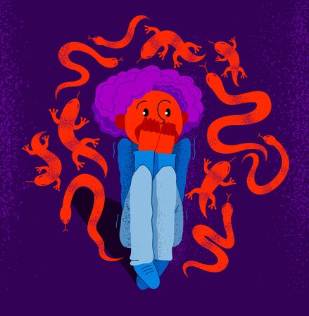 Herpetophobia fear of reptiles snakes and lizards vector illustration, boy surrounded by imaginary reptiles in panic attack and fear, mental health concept.のイラスト素材