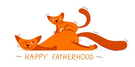 Fatherhood and parenting family concept, vector illustration father cat and kitten son plays together happy.のイラスト素材