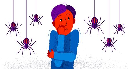 Arachnophobia fear of spiders vector illustration, boy surrounded by spiders scared in panic attack, psychology mental health concept.のイラスト素材