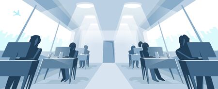 Office interior in distorted perspective vector illustration, modern workplace inner space.のイラスト素材