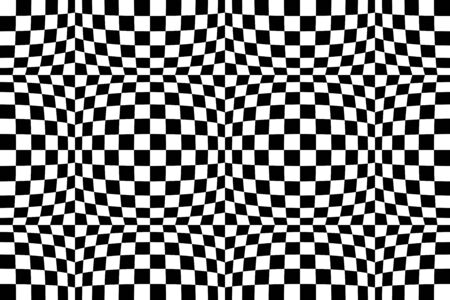 Optical illusion checkered vector abstract seamless background, black and white pattern, chess board...