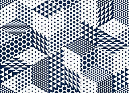 Seamless dotted cubes vector background, dots and triangles boxes repeating tile pattern, 3D architecture and construction, geometric design.のイラスト素材