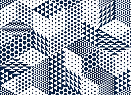 Seamless dotted cubes vector background, dots and triangles boxes repeating tile pattern, 3D architecture and construction, geometric design.