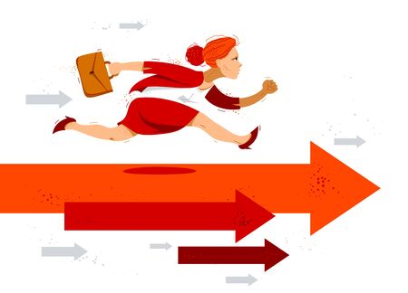 Business woman run and hurry on arrows symbolizes career competition motivation vector illustration, funny comic cute cartoon businesswoman worker or employee in a rush to success.のイラスト素材