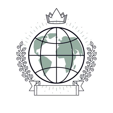 Planet earth vector emblem in vintage style with laurel wreath and ribbon and crown.のイラスト素材