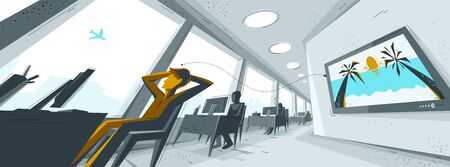 Office interior in distorted perspective with employees and one man is dreaming about travel to vacations vector illustration, modern workplace work routine tired man.のイラスト素材