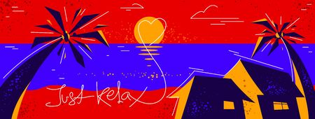Summer tropical beach with palms and house vacations and holidays vector illustration, relaxation...