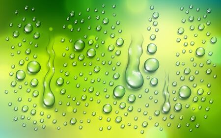 Water rain drops or condensation over blurred green nature background beyond the window, realistic transparent 3d vector illustration, easy to put over any background.のイラスト素材
