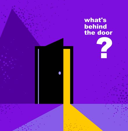 Half open secret door new opportunities concept vector illustration, fear of the unknown, step inside the future, what is behind, what is there.のイラスト素材