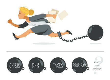 Business woman run with a shackles and weight on her leg symbolizes problems such as debt crisis or taxes vector illustration, funny comic cute cartoon businesswoman worker or employee in a rush.のイラスト素材