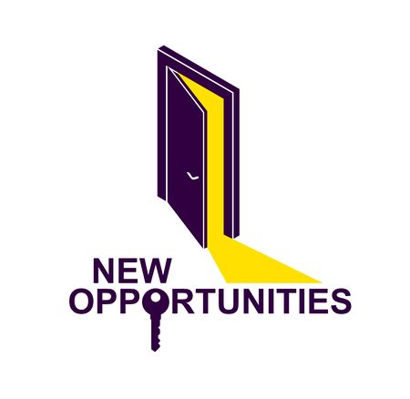 Half open door vector concept of new opportunities, step into future metaphor, start of new business or career, mysterious secret door allegory.のイラスト素材