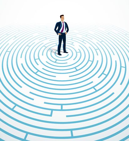 Confused young handsome businessman in the center of radial labyrinth trying to find way out vector illustration, business strategy, problem solution.のイラスト素材