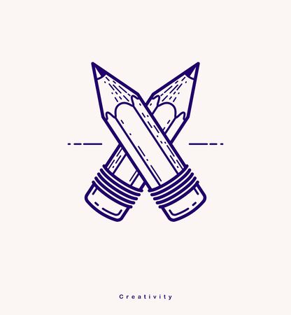 Two crossed pencils vector simple trendy logo or icon for designer or studio, creative competition, designers team, linear style.のイラスト素材
