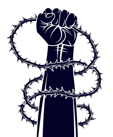 Strong hand clenched fist fighting for freedom against blackthorn thorn slavery theme illustration, vector logo or tattoo, through the thorns to the stars concept.のイラスト素材