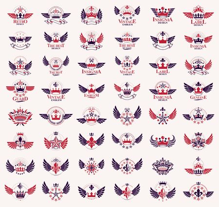 Crowns vintage heraldic emblems vector big set, antique heraldry symbolic badges and awards collection with coronets, classic style design elements, family emblems.のイラスト素材