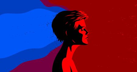 Woman profile with abstract fluid shapes in motion from his head vector illustration, mindfulness philosophical and psychological theme, meditation and awareness.のイラスト素材
