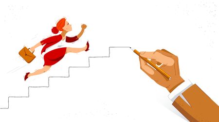 Business woman run and hurry on stairs drawing by big hand of boss vector illustration, funny comic cute cartoon worker or employee motivated to career growth success.のイラスト素材