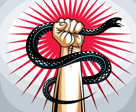 Hand squeezes a snake, fight against evil, control your dark side, internal conflict, archetype shadow, life is a fight concept, vintage vector logo or tattoo.のイラスト素材