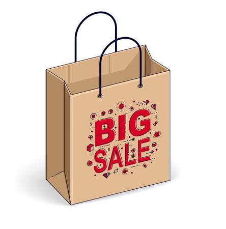 Shopping bag big sale, sellout, retail, Black Friday discount, eco paper bag isolated on white background. Isometric vector business and finance illustration, 3d thin line design.のイラスト素材