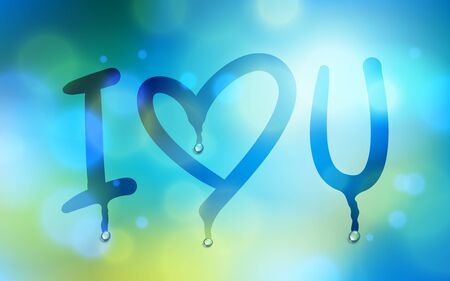 I love you words with heart drawn on a window over blurred background and water rain drops, vector realistic illustration, loneliness sadness and missing beautiful art.のイラスト素材