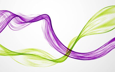 Vector abstract background with mutual wave of flowing particles, smooth curve double shape lines, particle array flow. 3d shape dots blended mesh, future technology relaxing wallpaper.のイラスト素材