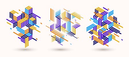 Linear striped abstract vector dimensional 3D backgrounds set with isolated retro style graphic...