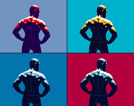 Strong muscular man back vector illustration, bodybuilder athlete sportsman, strength and health...