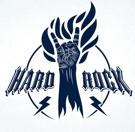 Rock hand sign on fire, hot music Rock and Roll gesture in flames, Hard Rock festival concert or club, vector label emblem or logo, musical instruments shop or recording studio.のイラスト素材