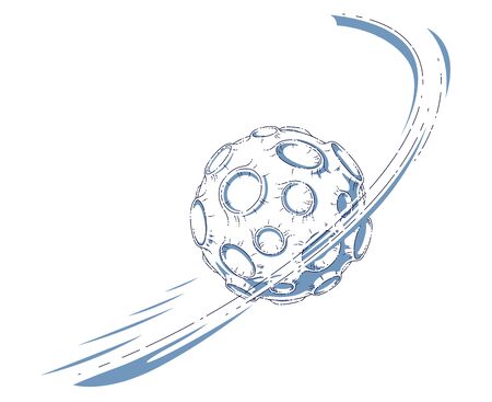 Small cartoon vector fantastic planet with craters from asteroid and meteorite rains fall. Thin line 3d vector illustration isolated on white background.のイラスト素材