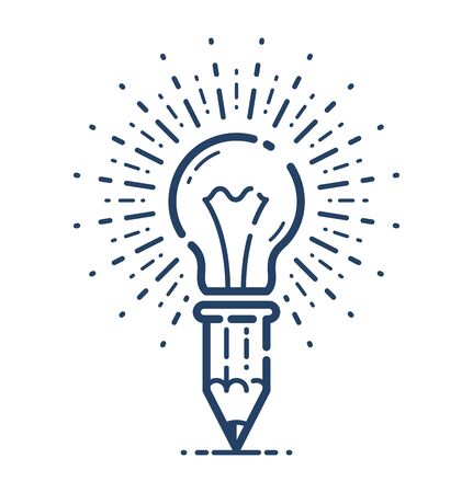 Pencil with light bulb vector simple linear icon, education science and business line art symbol, ideas creative solution.のイラスト素材