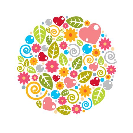 Nice childish circle composition of flowers, hearts and leaves, vector design.のイラスト素材