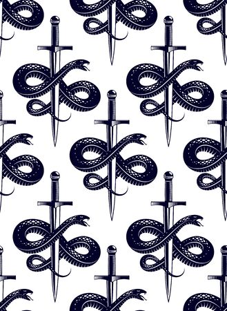 Seamless snakes pattern in vintage drawing style, dangerous poisoned reptiles vector background, endless tiling wallpaper, subculture rock n roll and hard rock theme.のイラスト素材