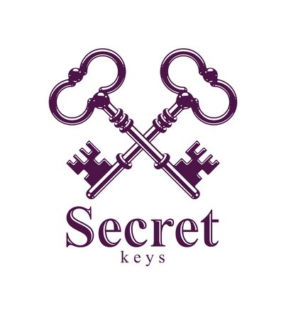 Crossed keys, vintage antique turnkeys vector logo or emblem, protected secret, electronic data protection, keys to heaven, hotel label, keep secret.のイラスト素材