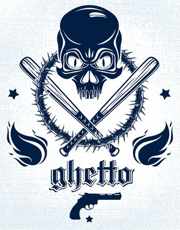 Gangster emblem logo or tattoo with aggressive skull baseball bats and other weapons and design elements, vector, criminal ghetto vintage style, gangster anarchy or mafia theme.のイラスト素材