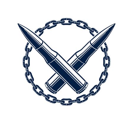 Two crossed bullets vector emblem or logo isolated on white, vintage style coat of arms crest, weapons, army force or gang sign.のイラスト素材