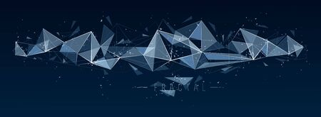 Polygonal elements vector abstract background, low poly 3D object, connected lines in perspective fractal design element, mesh lattice net technology theme.のイラスト素材