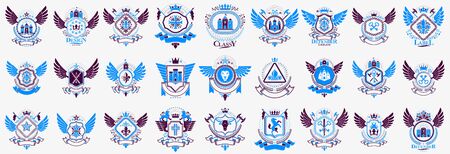 Heraldic Coat of Arms vector big set, vintage antique heraldic badges and awards collection, symbols in classic style design elements, family or business logos.のイラスト素材