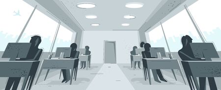 Office interior in distorted perspective vector illustration, modern workplace inner space.のイラスト素材