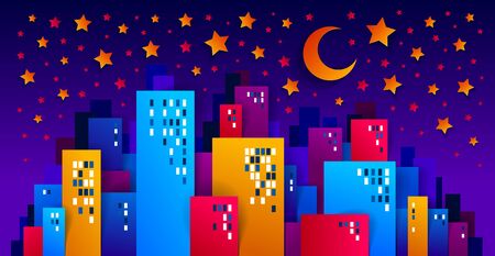 City houses buildings in the night with moon and stars paper cut cartoon kids game style vector illustration, modern minimal design of cute cityscape, urban life, midnight time.のイラスト素材