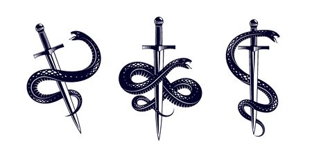 Snake and Dagger, Serpent wraps around a sword vector vintage tattoo, Life is a Fight concept, allegorical logo or emblem of ancient symbol.のイラスト素材