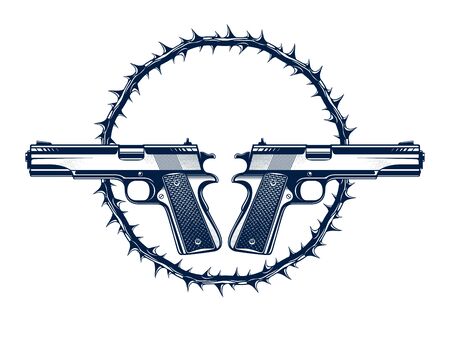 Two crossed handguns vector emblem or logo isolated on white, vintage style coat of arms crest, weapons, army force or gang sign.のイラスト素材
