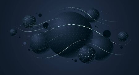 Abstract black dotted spheres vector background, composition of flying balls decorated with dots and lines, 3D mixed globesのイラスト素材